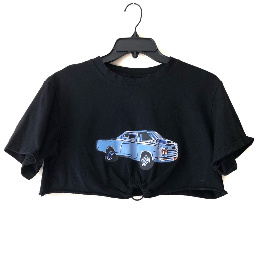 Black Cropped Top with Blue Car Graphic